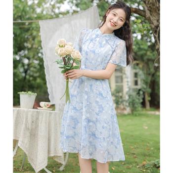 新中式旗袍改良連衣裙女夏2025夏季新款藍色雪紡碎花高階顯瘦裙子