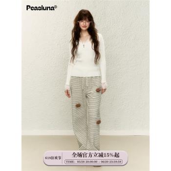Peasluna韓版高腰條紋玩偶加絨闊腿衛褲慵懶垂感寬松百搭秋冬長褲