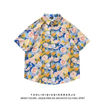夏威夷風彩色塗鴉花卉短袖襯衫女夏季寬松休閑慵懶風情侶裝花襯衣