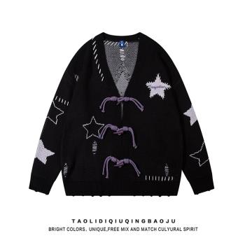 美式復古星星刺繡針織開衫女秋季寬松bf慵懶風休閑情侶牛角扣外套