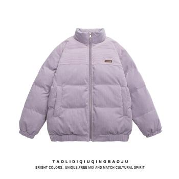白色燈芯絨拼接棉服外套女冬季美式街頭休閑情侶加厚保暖棉衣棉襖