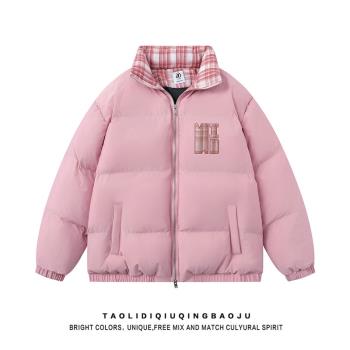 甜美風粉色格子拼接棉衣棉服女冬季學院風寬松情侶保暖麵包服外套