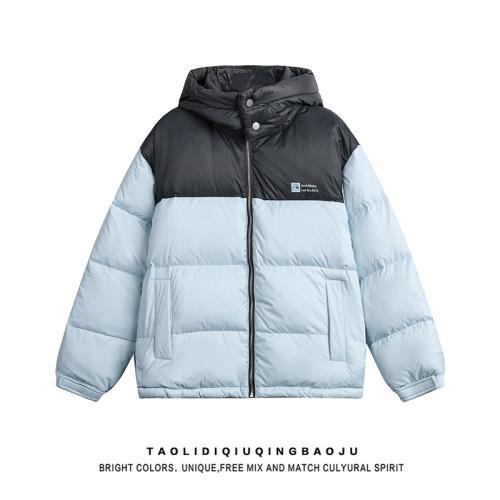 美式潮牌撞色連帽鴨絨羽絨服女冬季設計感加厚保暖情侶面包服外套