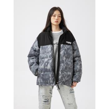 美式街頭風90灰鴨絨立領羽絨服女冬季潮牌拼接迷彩bf加厚保暖外套