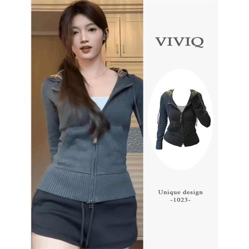 美式復古撞色連帽長袖針織短外套女2024秋季新款修身收腰短款上衣