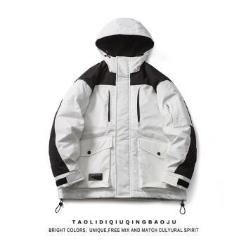 美式高階感工裝90鴨絨羽絨服女潮牌戶外加厚保暖沖鋒衣連帽外套冬