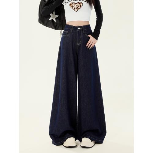 慵懶松弛感牛仔褲2026年新款女高腰深藍色闊腿褲寬松垂感拖地長褲