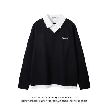 polo領假兩件拼接黑色衛衣女2025新款秋季情侶百搭寬松學院風上衣