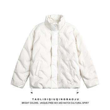 日系純色簡約壓褶立領羽絨服女2023冬季潮牌休閑情侶防寒保暖外套