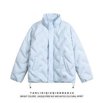 淺藍色壓褶設計感輕薄羽絨服女2025新款寬松休閑情侶防寒保暖外套