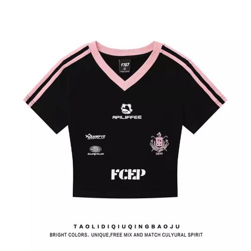 學院風拼色條紋V領短袖t恤女2025新款辣妹修身顯瘦運動風短款上衣