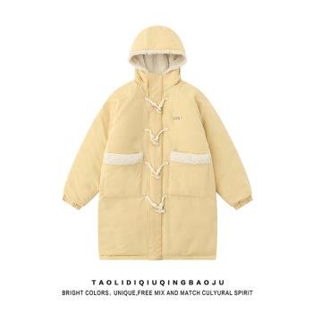 原宿風牛角扣拼接羊羔絨連帽外套女冬裝加厚保暖棉服中長款上衣潮