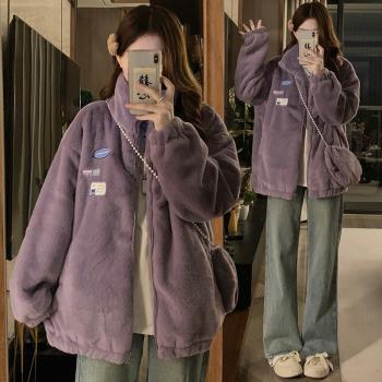 毛茸茸立領羊羔絨開衫外套女冬季小個子學院風加厚保暖棉服棉衣bf