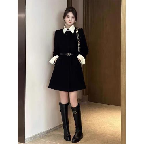 法式氣質高級感收腰連衣裙女春秋新款小個子小香風黑色假兩件裙子