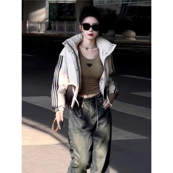 歐貨時尚撞色三條槓立領羽絨棉服女冬季新款設計感小個子加厚外套