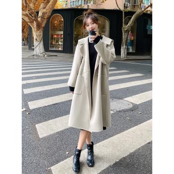 杏色雙面羊絨呢大衣女中長款2024秋冬新款時尚寬松大翻領毛呢外套