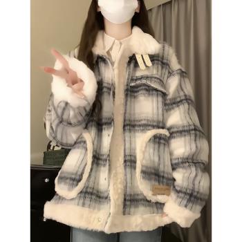 美式復古學院風羊羔毛棉服外套女秋冬季2024新款格子加絨加厚棉衣