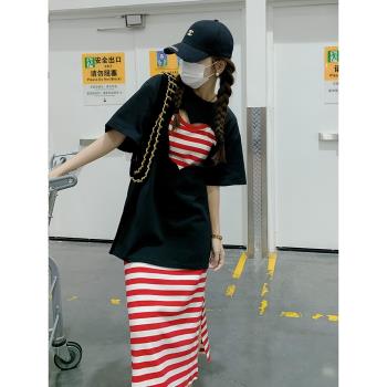 炸街甜辣風套裝條紋連衣裙背心