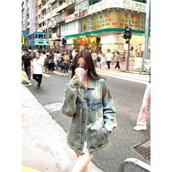 港風復古Vintage牛仔外套女2024年初秋季新款寬松百搭中長款上衣