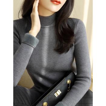 半高領一體絨打底衫女秋冬季修身內搭軟糯毛衣加絨灰色針織衫上衣