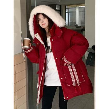 獨特超好看本命年紅色羽絨棉服女冬小眾設計感新中式國風棉衣外套
