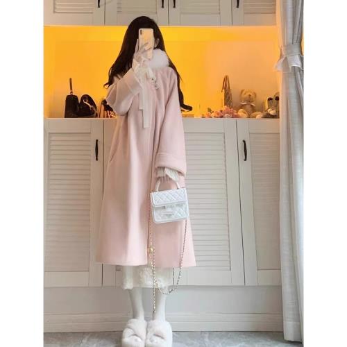 新中式國風粉色呢子大衣女冬季高級感寬松斗篷毛呢外套2025年新款