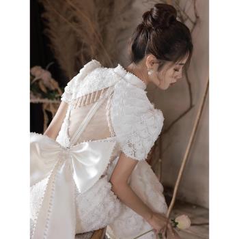 聚會小眾白色蕾絲旗袍敬酒禮服
