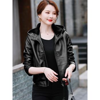 連帽真皮皮衣女2023春秋新款頭層綿羊皮寬松短款皮夾克大碼外套潮