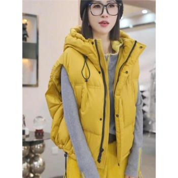 歐貨黃色連帽羽絨棉服馬甲秋冬新款女款外穿加厚保暖坎肩背心外套