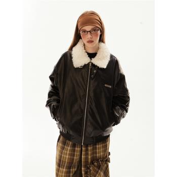 EZEK美式復古pu皮羊羔絨棉衣棉服女冬季加厚保暖皮衣機車服外套潮
