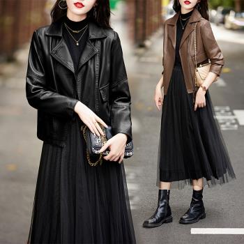 皮衣女短款2024秋冬新款時尚休閑百搭真皮皮衣外套翻領夾克上衣女
