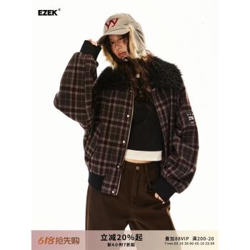 EZEK美式復古高級感格子加厚外套女冬季新款羊羔絨拼接翻領夾克潮