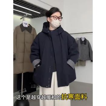 高階感格子連帽沖鋒衣2024新款女秋冬羽絨服韓系休閑小個子厚外套