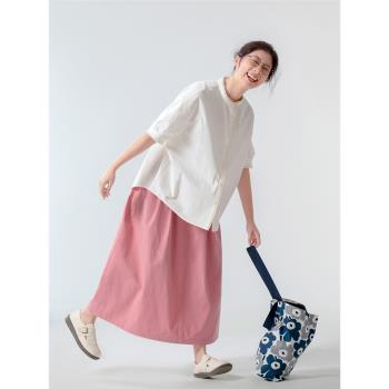 邊縫原創清新文藝粉色半身裙女2024新款舒適純棉微氣球廓形中長裙
