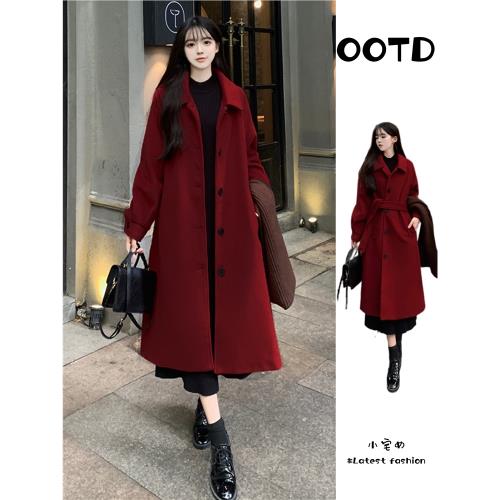 大碼赫本寬松紅色系帶毛呢外套女秋冬胖mm中長款復古過膝呢子大衣