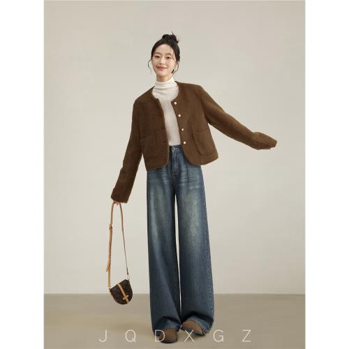 崛起的小個子梨形身材瘦腿褲復古水洗牛仔褲女春高腰寬松闊腿褲子