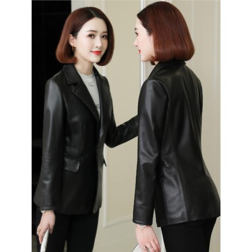 休閑真皮皮衣外套女中長款2024新品修身海寧春秋純綿羊皮西裝衣服