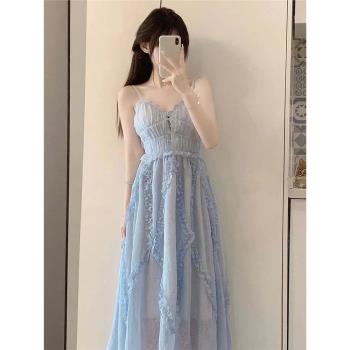 藍色長款仙女海邊度假吊帶連衣裙