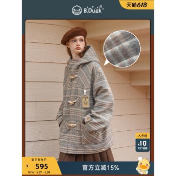 B.Duck仁川冬日小黃鴨美拉德復古冬寬松牛角扣保暖格紋連帽呢大衣