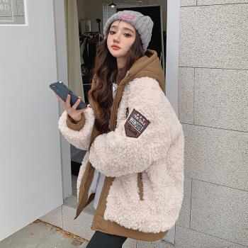 撞色連帽羊羔毛棉衣外套女冬季加厚寬松bf慵懶風美式復古棒球棉服