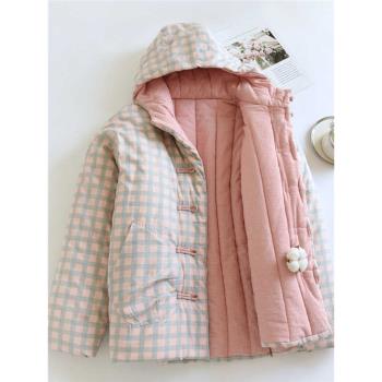 24冬季新款新疆棉花棉襖女士連帽加厚保暖棉服民族風格子外套棉衣