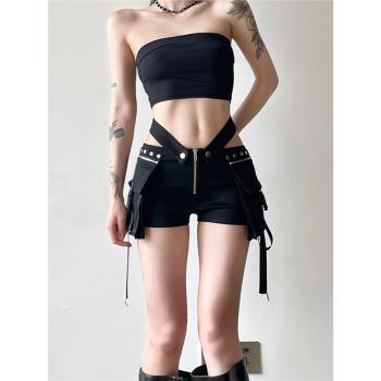 H家歐美女裝 暗黑女特工鉚釘拉鏈口袋工裝短褲V字腰頭黑色熱褲潮