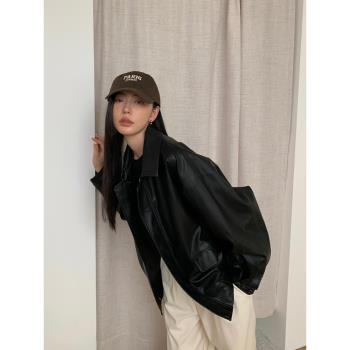 設計款黑色皮衣外套女春秋2025新款美式復古休閑機車皮夾克上衣潮