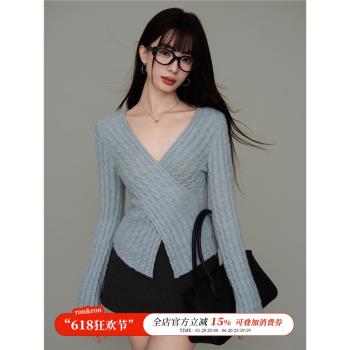 ron&ron交叉V領收腰麻花針織衫秋冬新款設計感修身顯瘦絕美上衣T