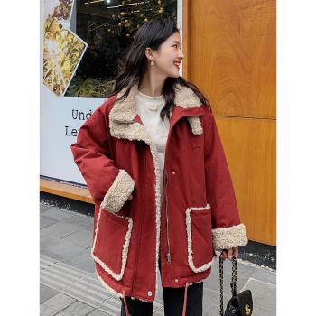 羊羔毛拼接紅色派克棉服女冬2024年新款羽絨棉衣棉襖女生加厚外套