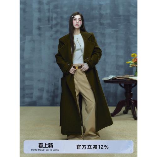 LLDC  高級感新款毛呢大翻領長款偏門襟呢大衣