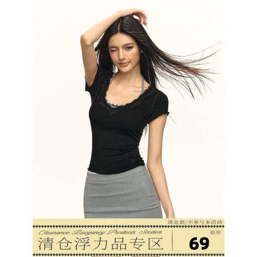 Ariseism 美式復古蕾絲領短款短袖T恤女2025夏季新款辣妹緊身上衣