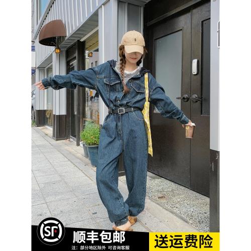 韓版高腰氣質連帽連體褲女春秋新款休閑顯高顯瘦學院風長款連衣褲
