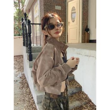 美式復古卡其色暈染立領短款外套女春秋小個子酷颯開衫夾克上衣服