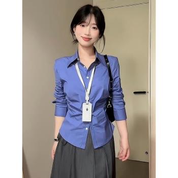 法式復古格紋褶皺收腰長袖襯衫女通勤百搭簡約氣質polo領短款上衣